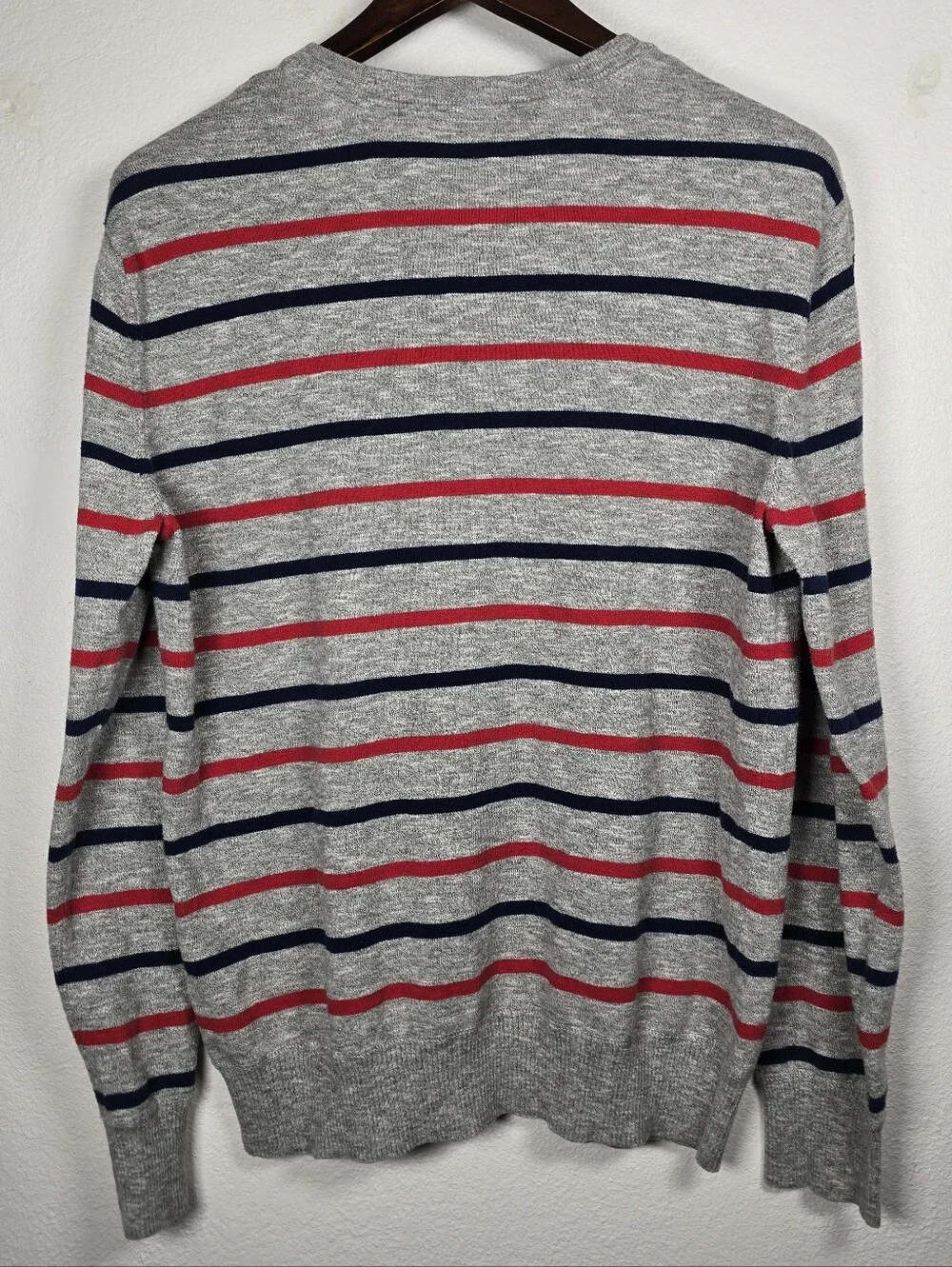 American Eagle Outfitters Gray V-Neck Sweater with Red & Navy Stripes